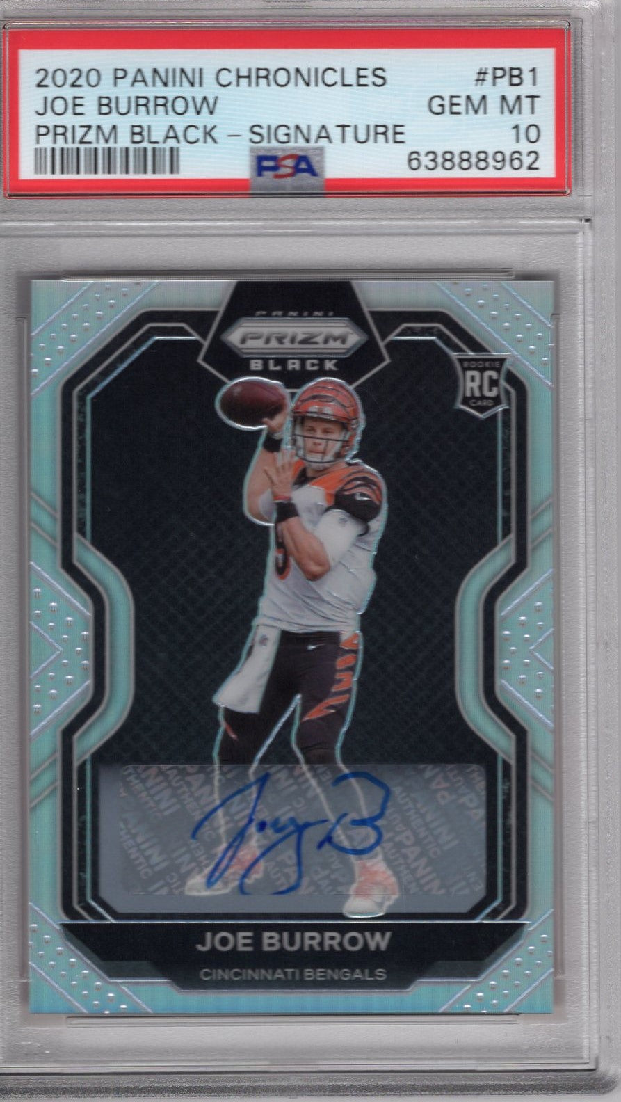 2020  PANINI CHRONICLES JOE BURROW ROOKIE CARD #PB-1 SILVER PRIZM BLACK SIGNATURE AUTO