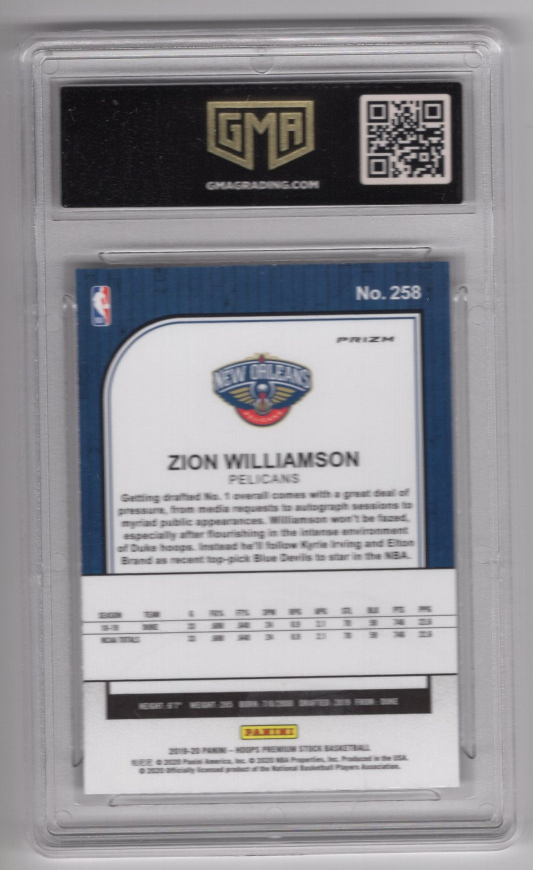 2019 NBA HOOPS ZION WILLIAMSON #258 SILVER PRIZM ROOKIE CARD