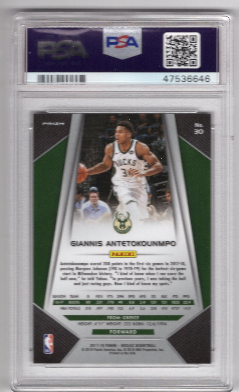 2017 PANINI PRIZM GIANNIS ANTETOKOUNMPO PSA 10 SILVER MOSAIC #30