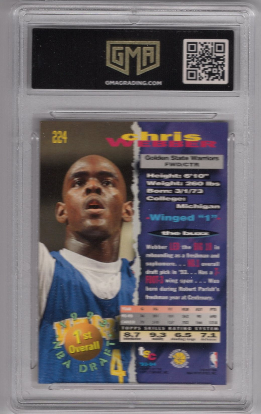 1993 STADIUM CLUB CHRIS WEBBER #224 ROOKIE GEM MINT 10