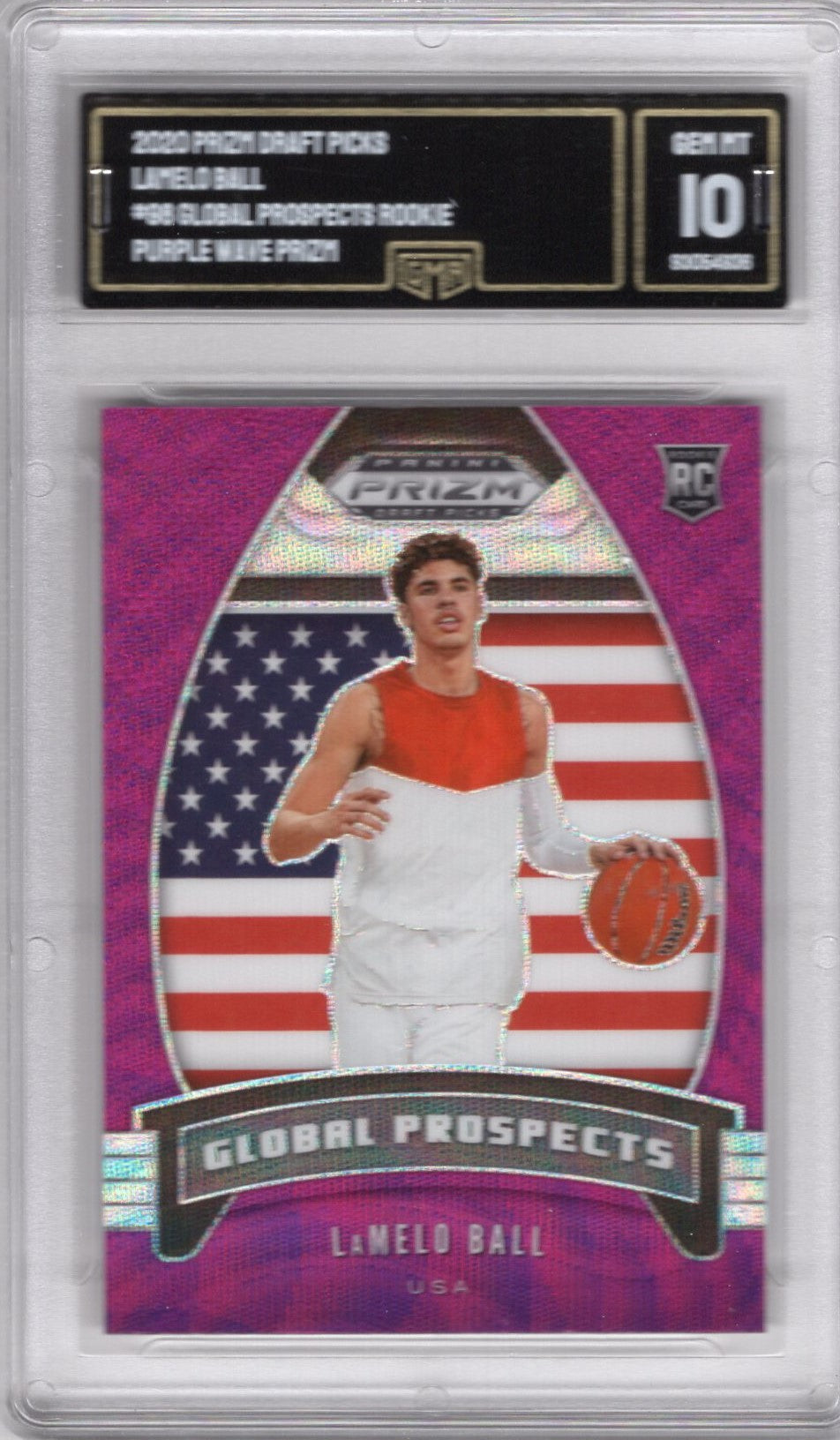 2020 PRIZM DRAFT PICKS LAMELO BALL #98 GLOBAL PROSPECTS PURPLE WAVE ROOKIE CARD