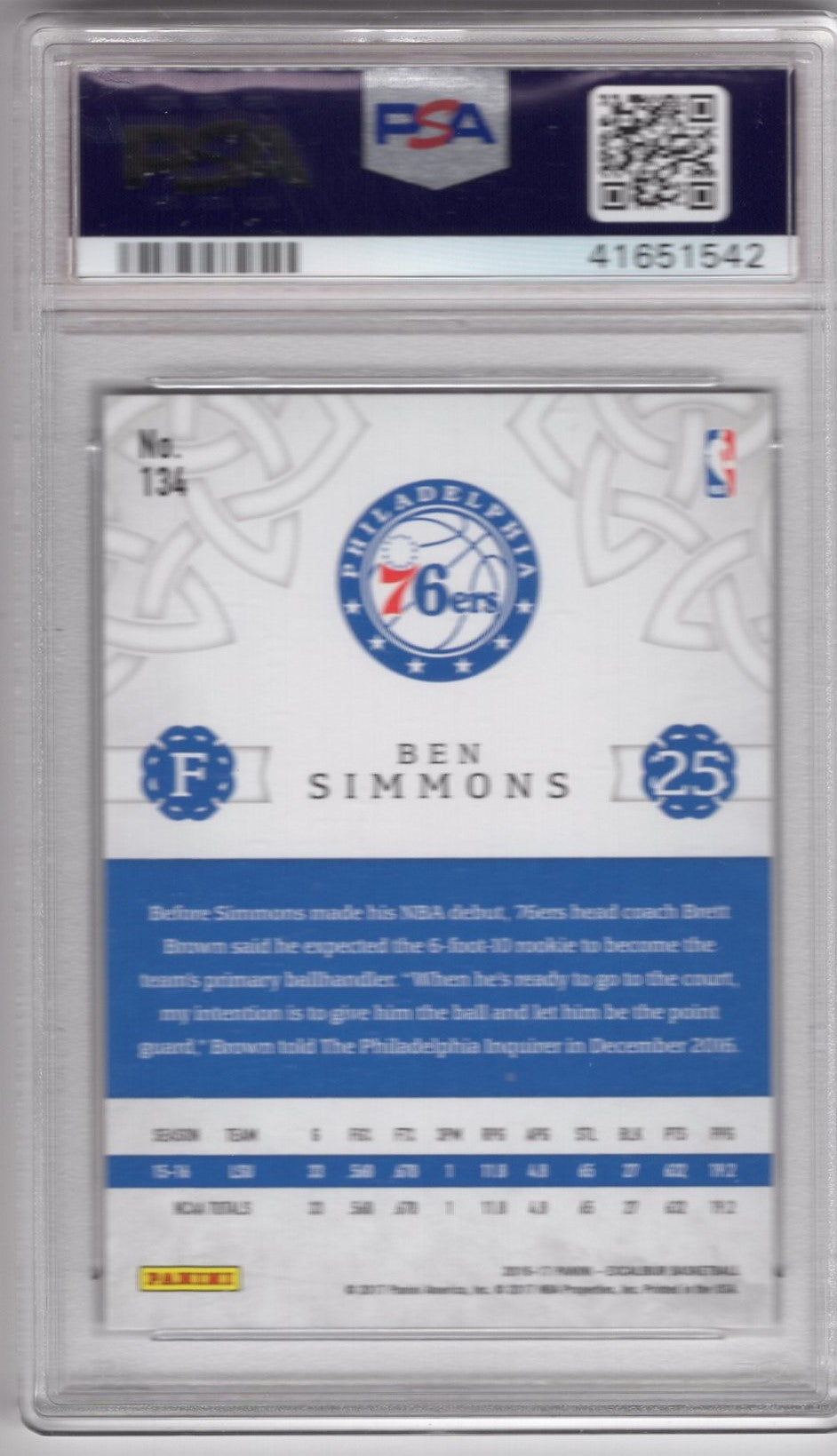 2016 PANINI EXCALIBUR BEN SIMMONS #134 ROOKIE CARD PSA 10