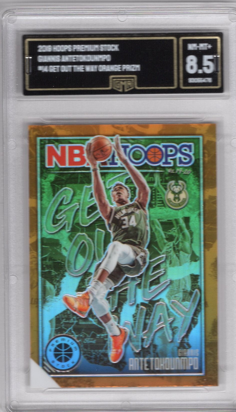 2019 NBA HOOPS PREMIUM STOCK GIANNIS ANTETOKOUMPO #14 GET OUT THE WAY ORANGE PRIZM