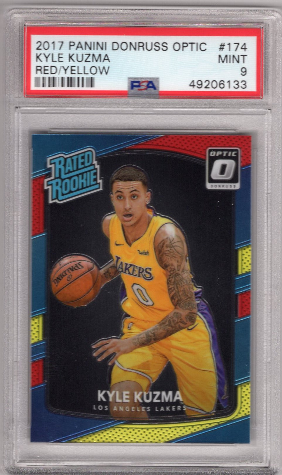 2017 PANINI DONRUSS OPTIC KYLE KUZMA RED AND YELLOW #174 RATED ROOKIE PSA 9