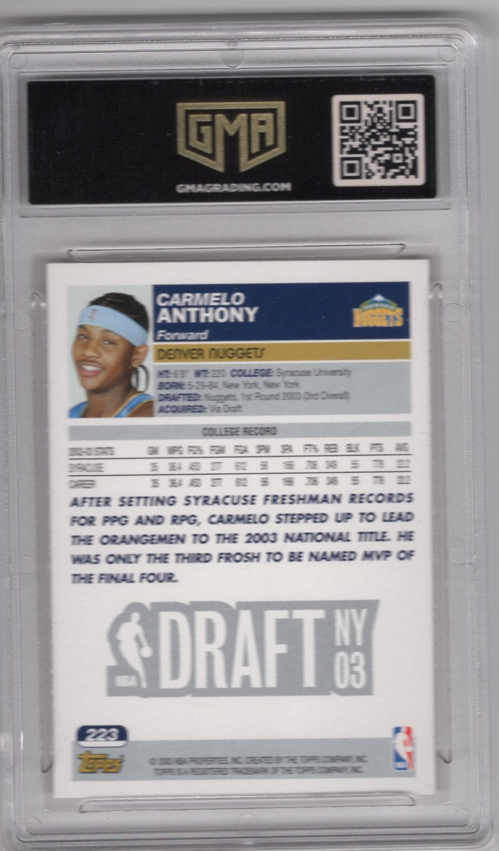 2003 TOPPS DRAFT PICK CARMELO ANTHONY #223 ROOKIE CARD