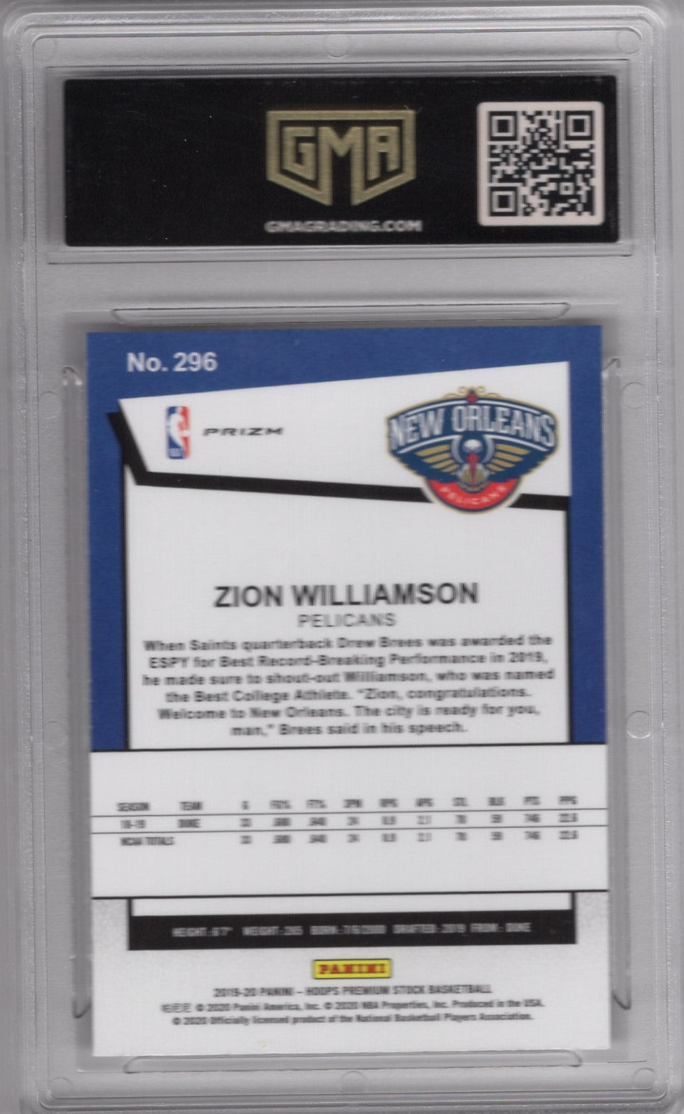 2019 NBA HOOPS ZION WILLIAMSON #296 TRIBUTE PULSAR ROOKIE PRIZM