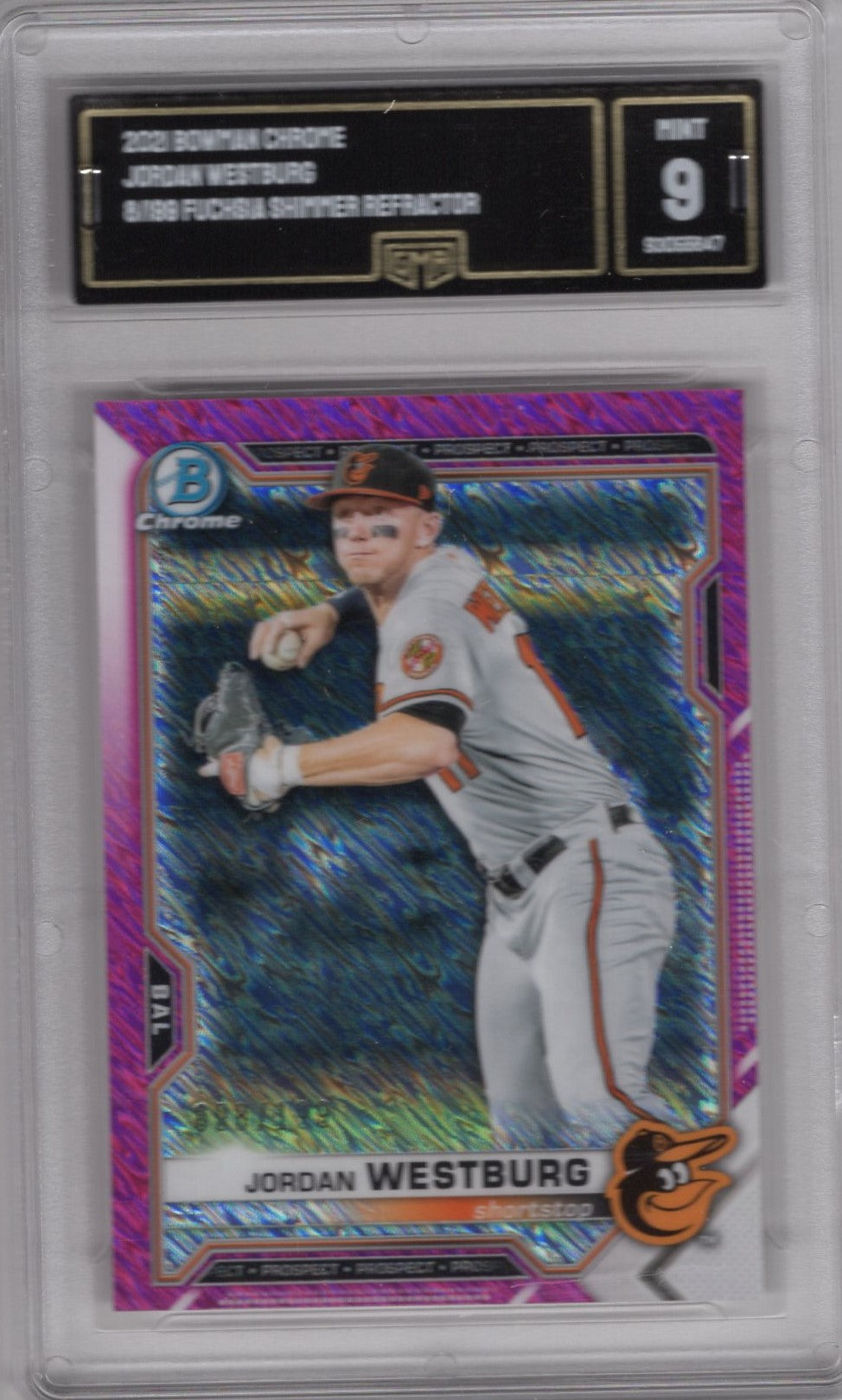 2021 BOWMAN CHROME JORDAN WESTBURG FUCHSIA SHIMMER REFRACTOR 8/199