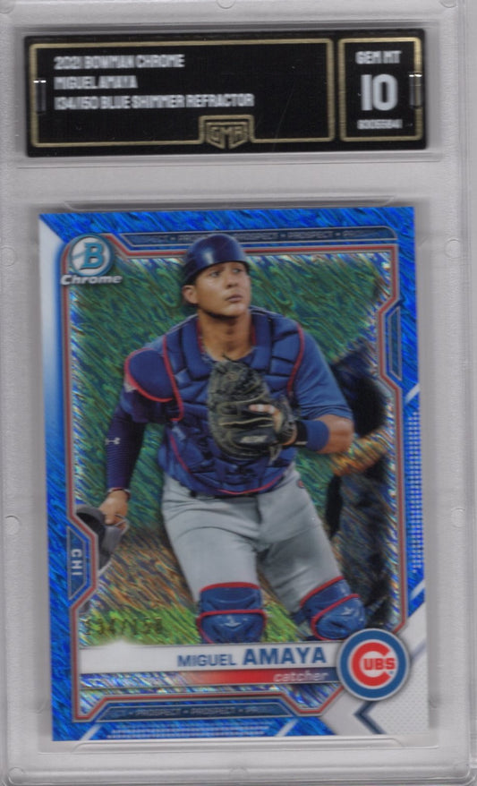 2021 BOWMAN CHROME MIGUEL AMAYA BLUE SHIMMER REFRACTOR 134/150 GEM MINT 10