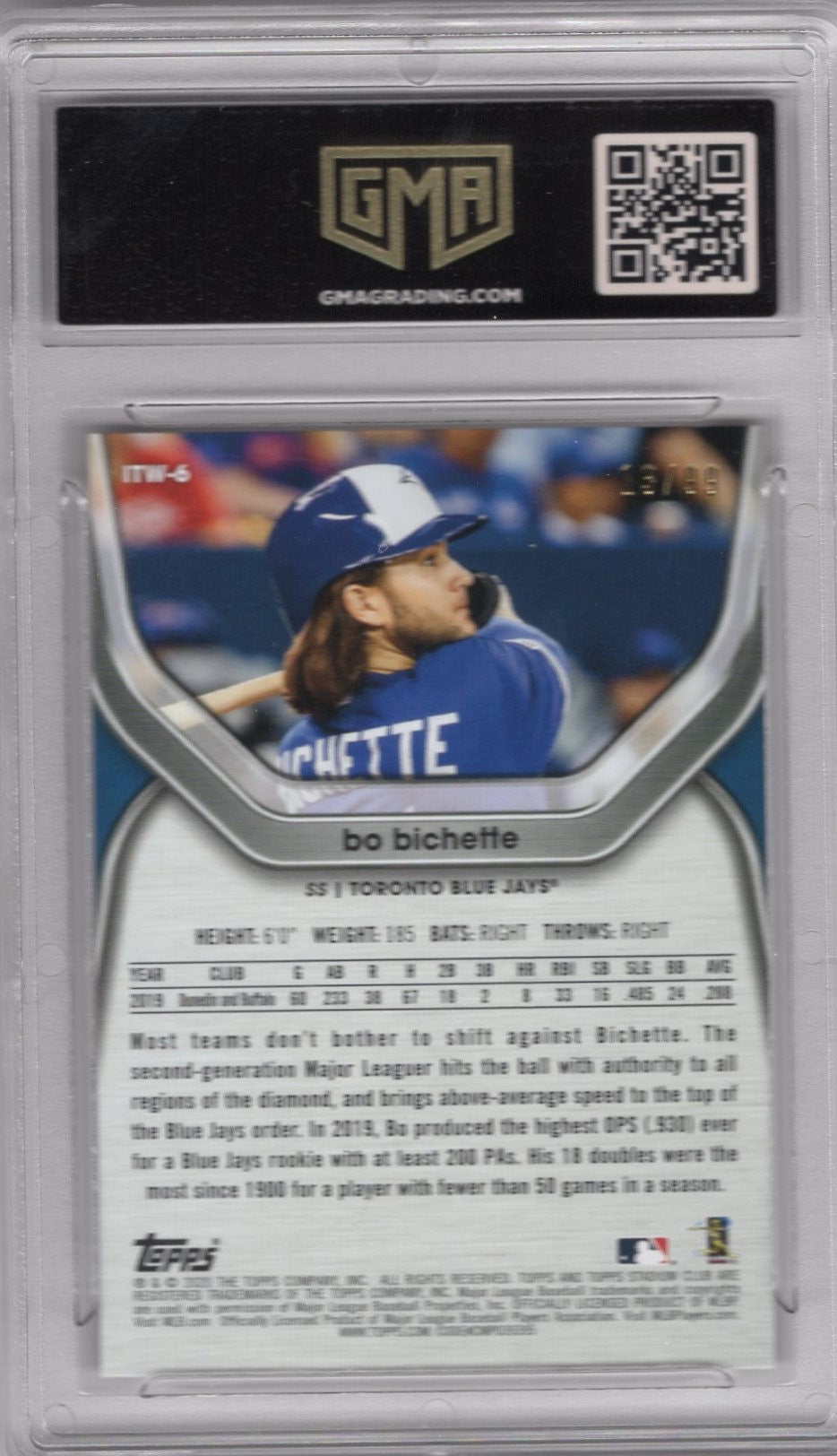 2020 STADIUM CLUB BO BICHETTE IN THE WINGS BLACK ROOKIE 13/99 MINT