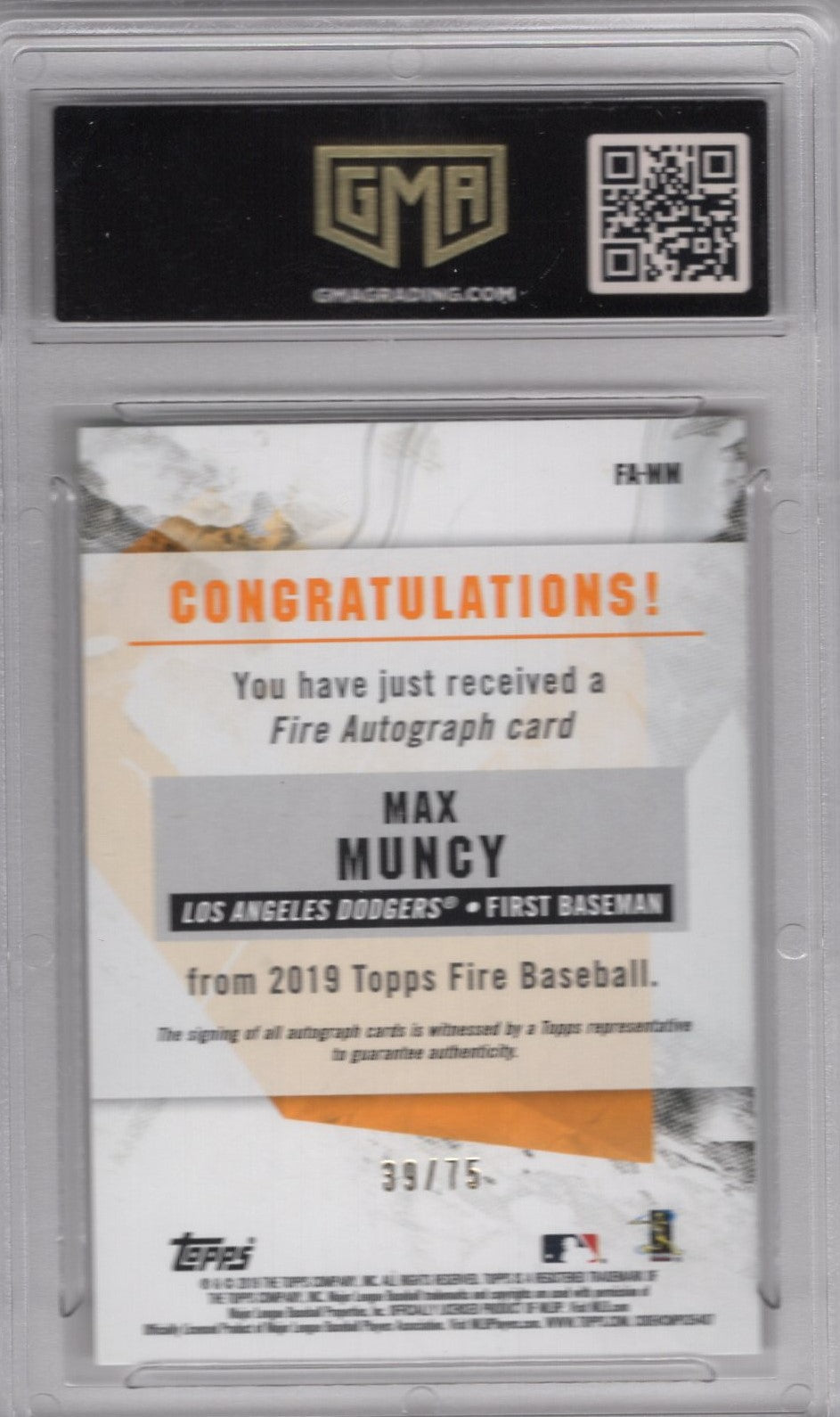 2019 TOPPS FIRE MAX MUNCY GREEN AUTOGRAPH 39/75